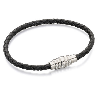 Fred Bennet Stainless Steel Black Leather Magnetic Bracelet Fred Bennet Stainless Steel Black Leather Magnetic Bracelet