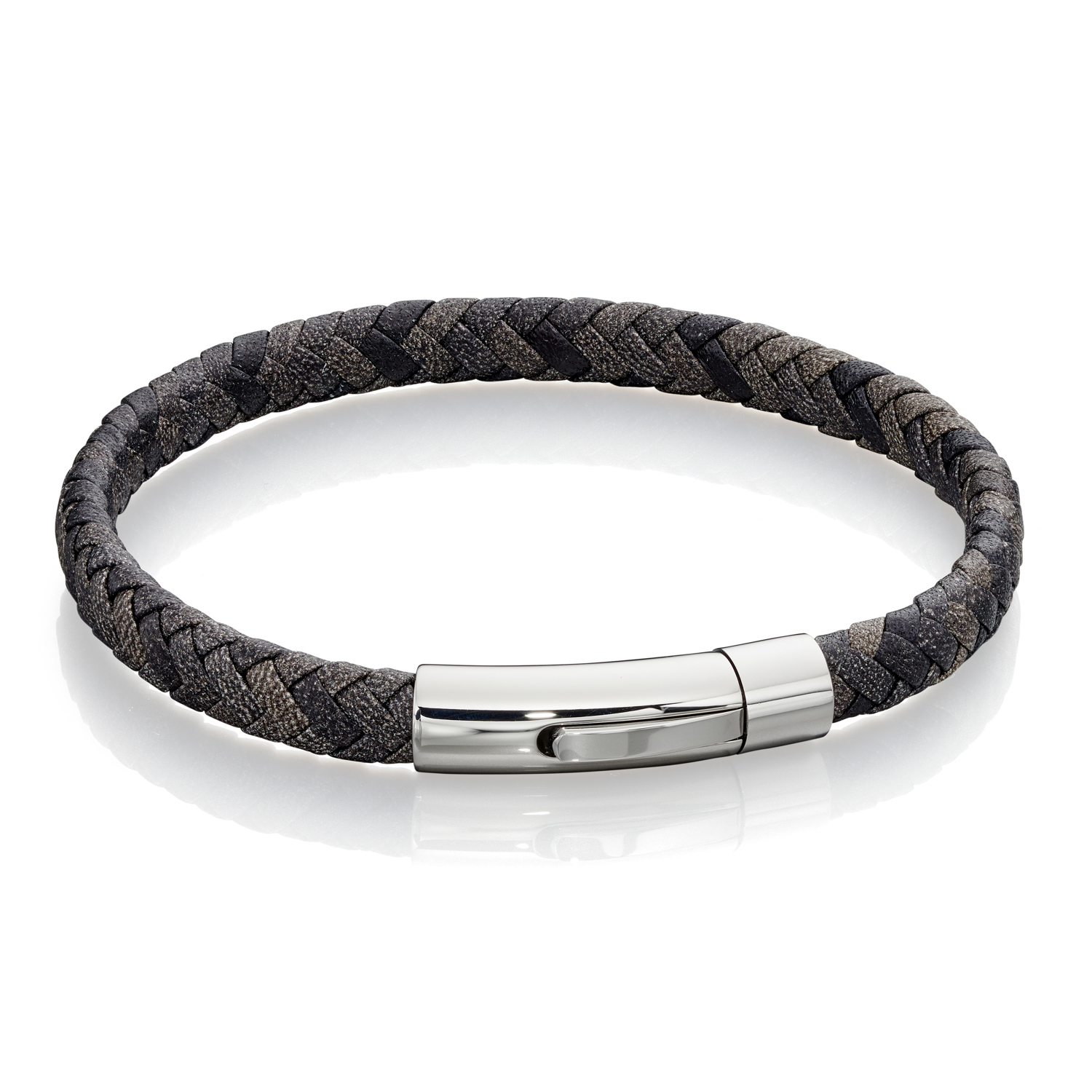 Fred Bennett Stainless Steel Grey Leather Plaited Bracelet