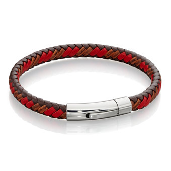 Fred Bennett Stainless Steel Red & Brown Leather Plaited Bracelet Fred Bennett Stainless Steel Red & Brown Leather Plaited Bracelet