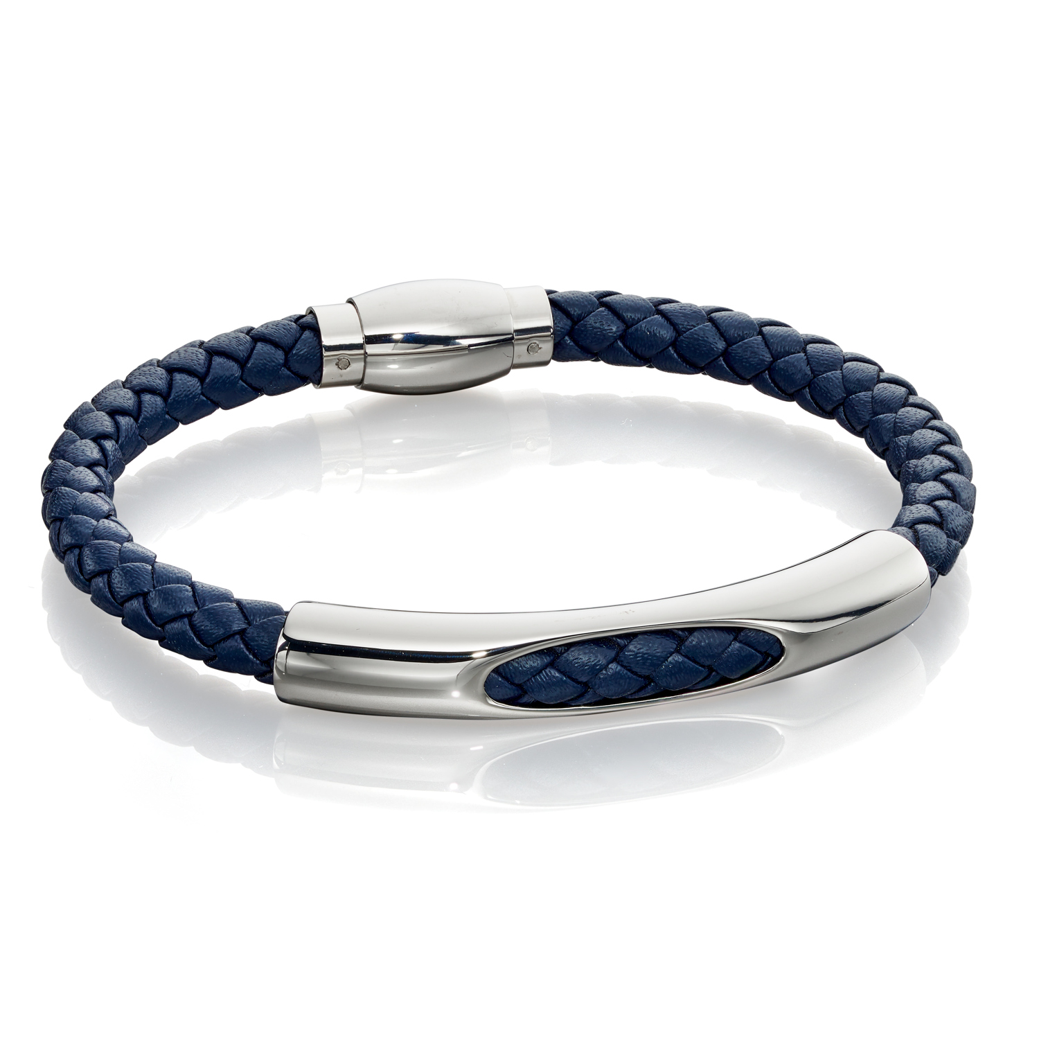 Dark blue leather bracelet - knitted twine with metal rollers and rubber  bands, magnetic fastening | Jewelry Eshop