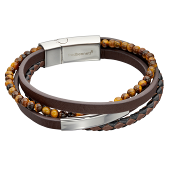 Fred Bennett Stainless Steel Reborn Brown Leather Tiger Bracelet  Fred Bennett Stainless Steel Reborn Brown Leather Tiger Bracelet