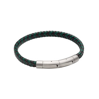 Fred Bennett Stainless Steel Reborn Black & Green Leather Plaited Bracelet Fred Bennett Stainless Steel Reborn Black & Green Leather Plaited Bracelet