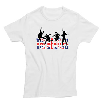 Ladies The Beatles Jumping Union Jack White Fitted T-Shirt Ladies The Beatles Jumping Union Jack White Fitted T-Shirt