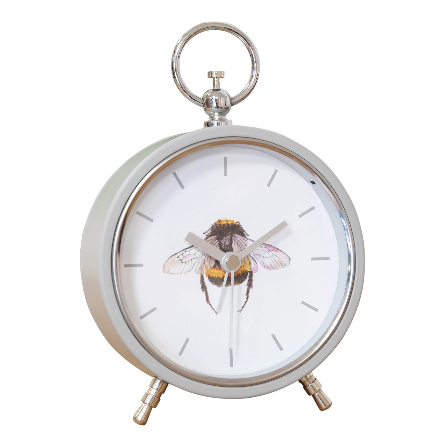 Alarm Clock Bumble Bee design Grey Metal with glass front and Grey Numbers and detail 