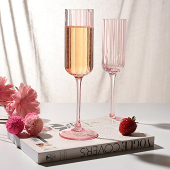 Set of 2 Hestia Bright Pink Scalloped Glass Champagne Flutes Set of 2 Hestia Bright Pink Scalloped Glass Champagne Flutes