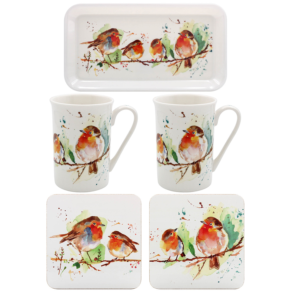 Winter Robin 5 pc Gift Set Tray 2 Mugs 2 Coasters