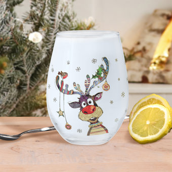 Christmas Bug Art Rudolph & Baubles Design Stemless Glass Christmas Bug Art Rudolph & Baubles Design Stemless Glass