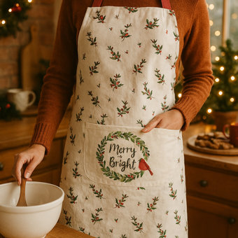 Merry and Bright Festive Robin Design 100% Cotton Apron Merry and Bright Festive Robin Design 100% Cotton Apron