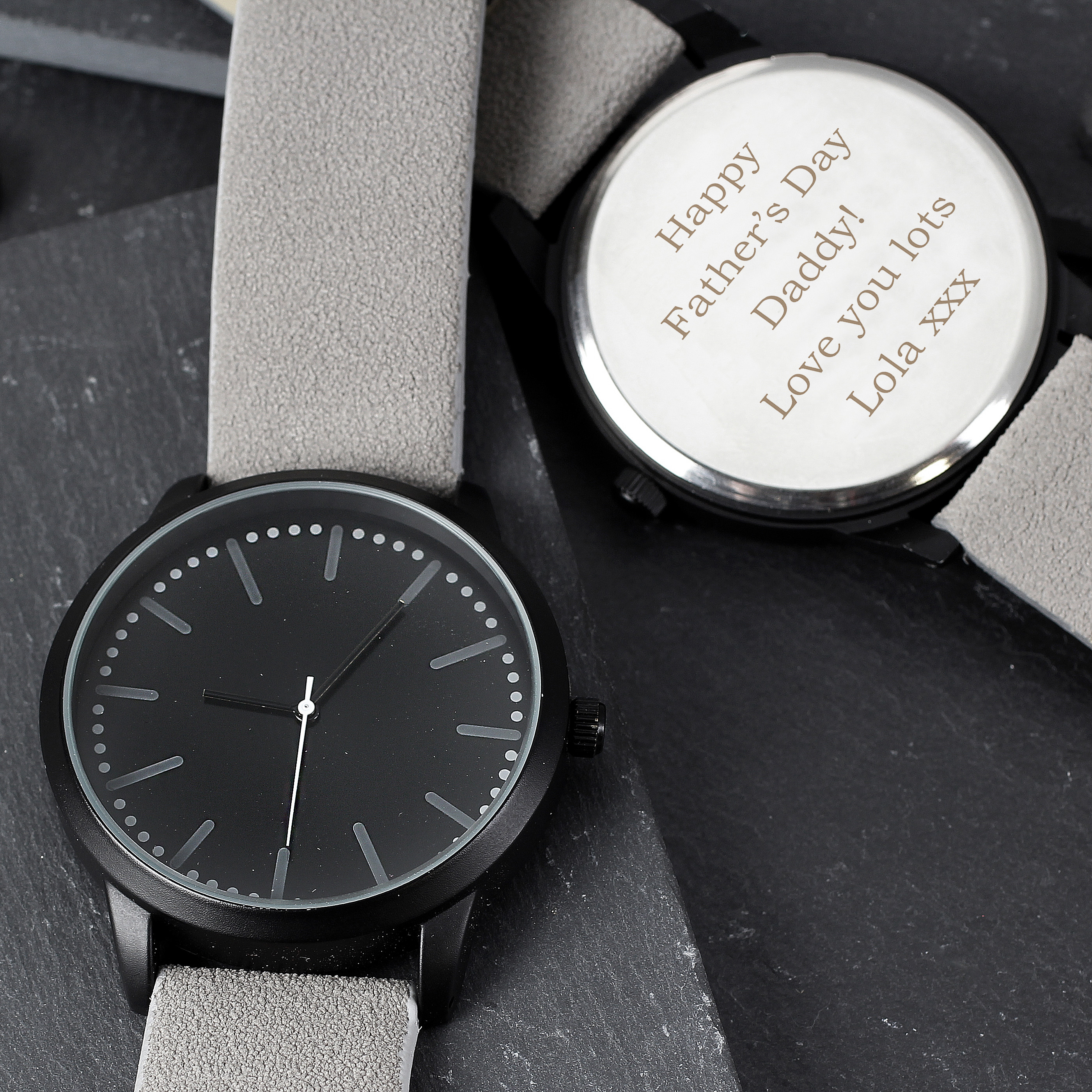 Personalised Mens Matte Black Watch with Grey Strap and