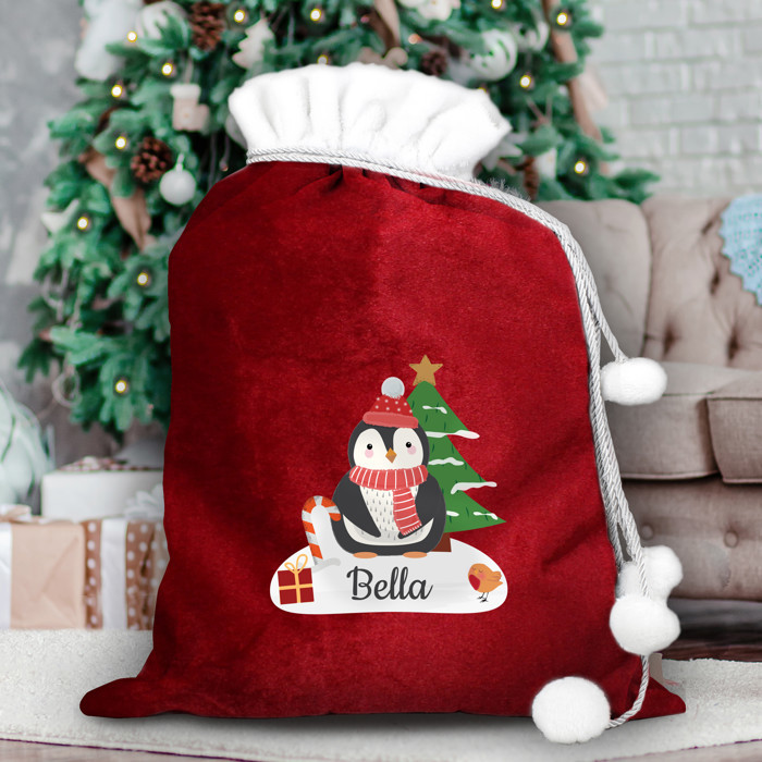 Personalised Children's Christmas Penguin Luxury Pom Pom Red Gift