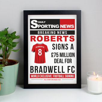 Personalised Football Signing Newspaper A4 Black Framed Print Personalised Football Signing Newspaper A4 Black Framed Print