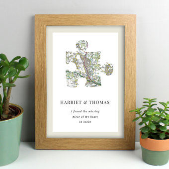 Personalised Present Day Map Puzzle Piece A4 Oak Framed Print Personalised Present Day Map Puzzle Piece A4 Oak Framed Print