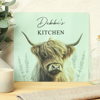Personalised Highland Cow Glass Chopping Board Personalised Highland Cow Glass Chopping Board