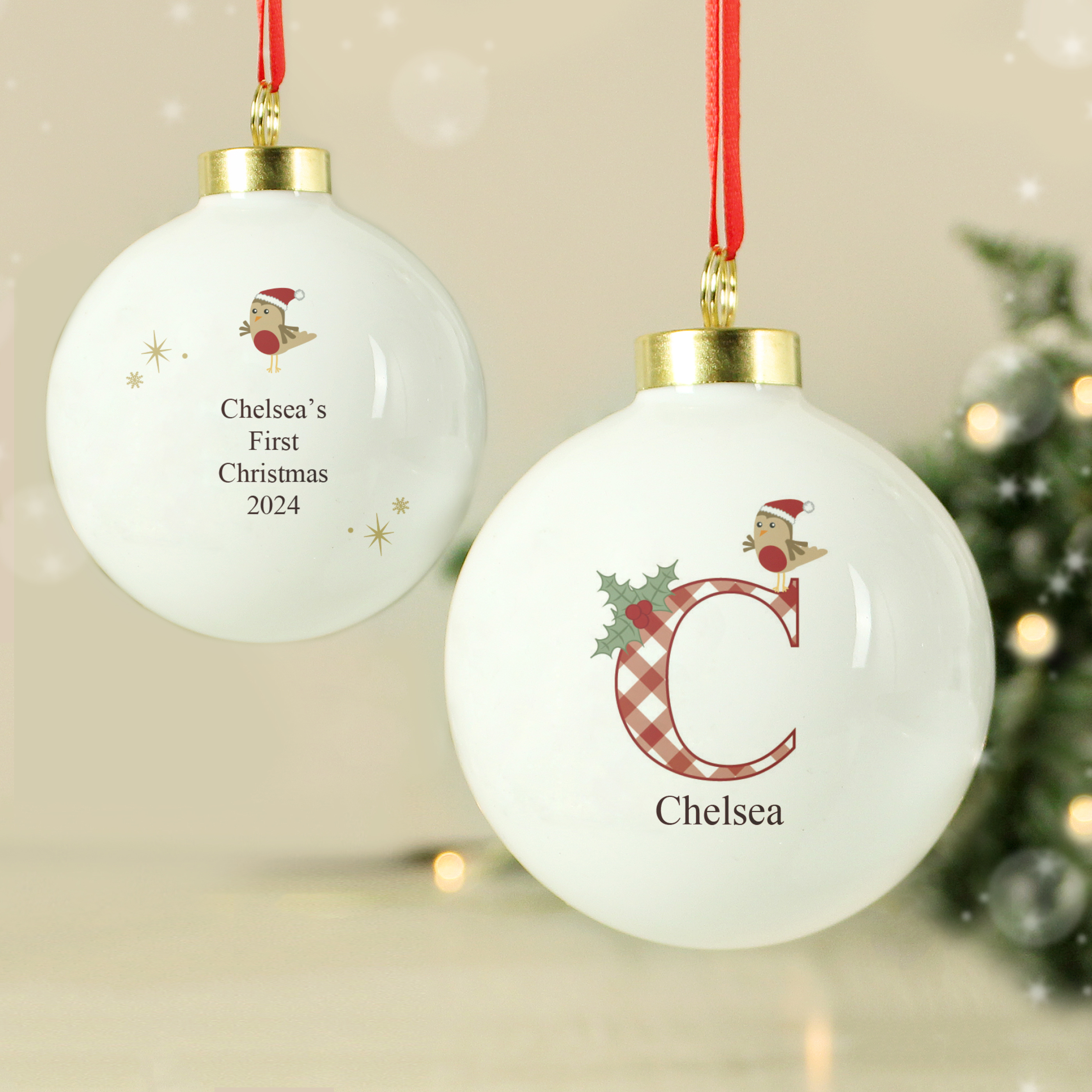Personalised Initial Little Robin Christmas Tree Bauble 4