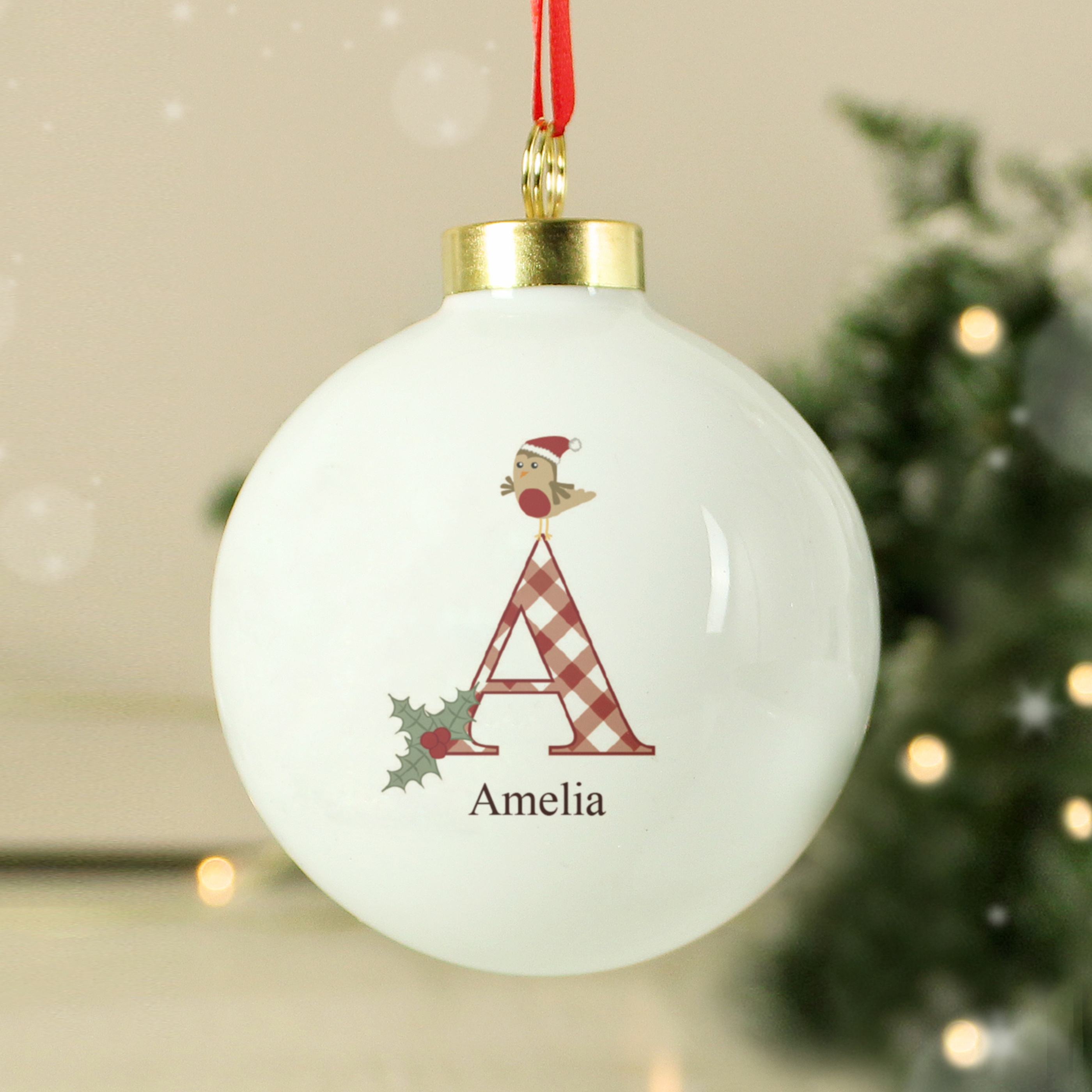 Personalised Initial Little Robin Christmas Tree Bauble 2