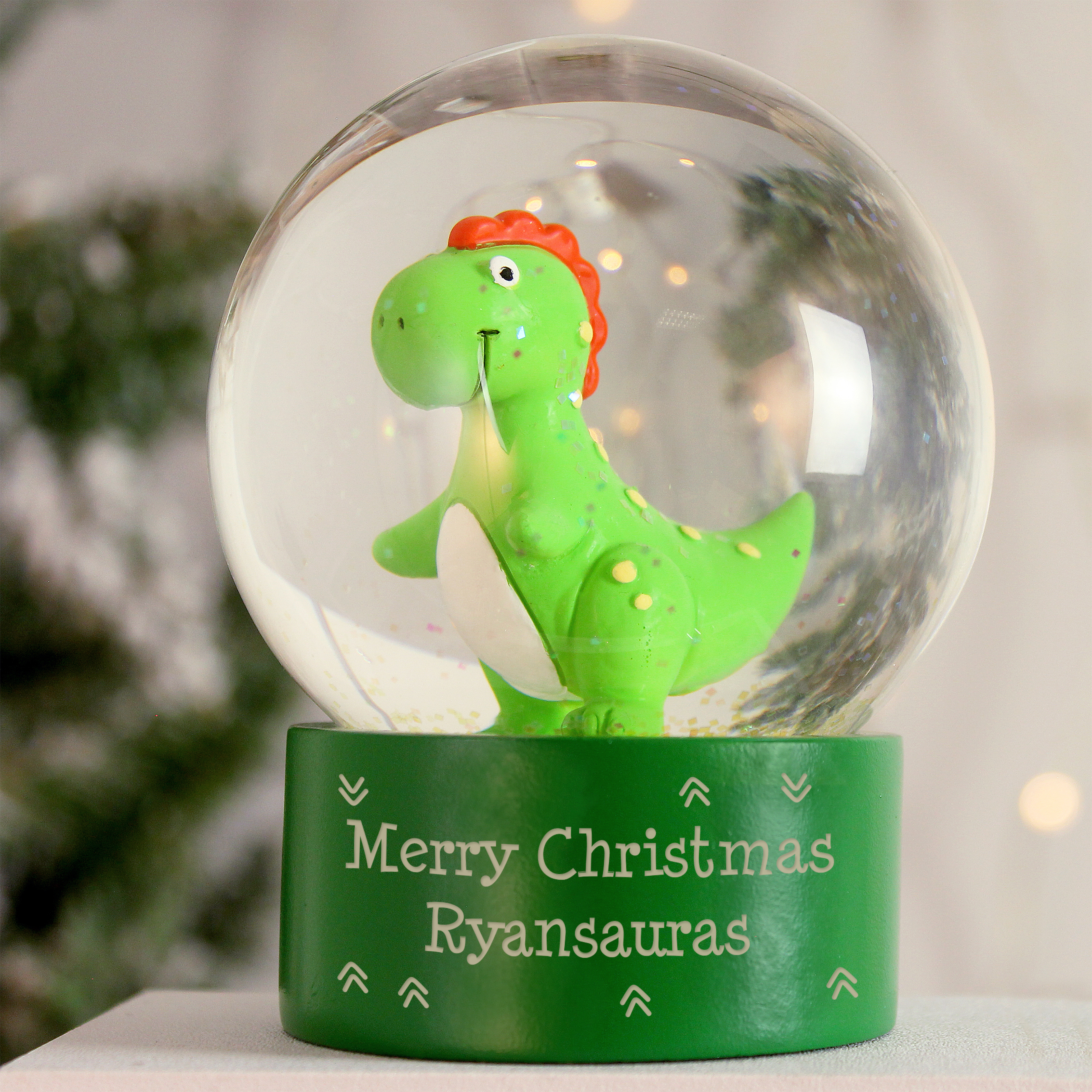 Personalised Message Children's Dinosaur Glitter Snow Globe Christmas Gift 3