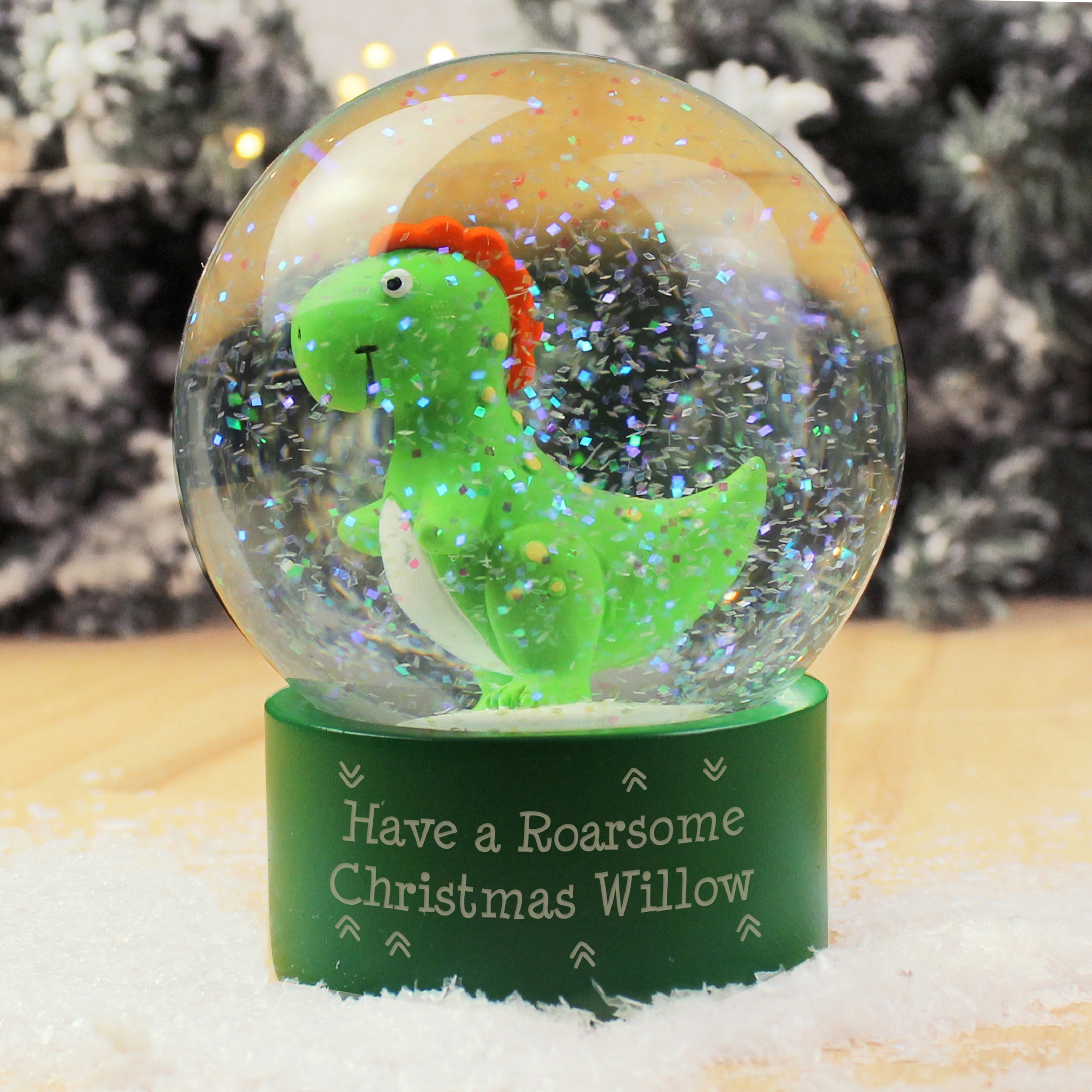 Personalised Message Children's Dinosaur Glitter Snow Globe Christmas Gift 2
