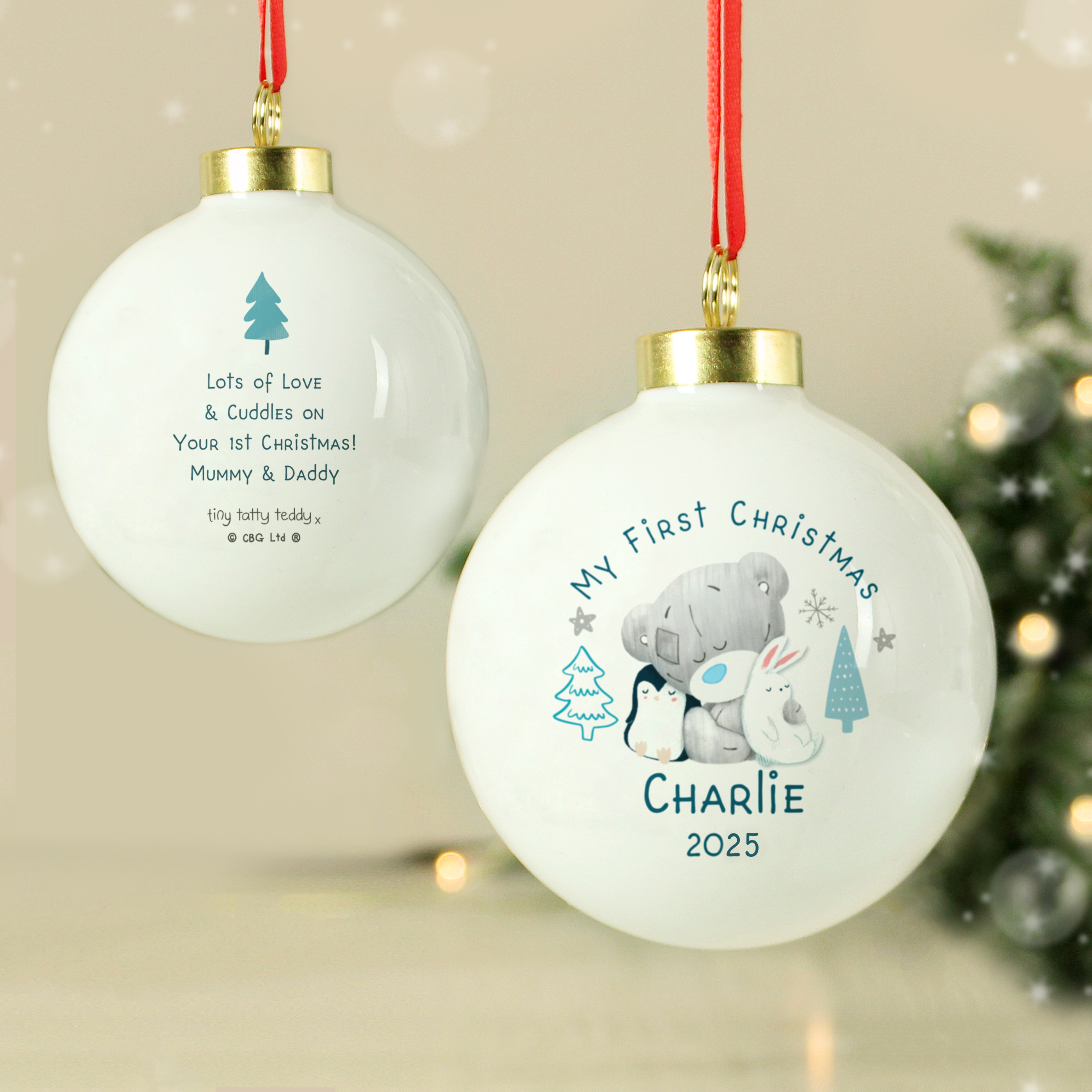 Personalised Winter Explorer First Christmas Tiny Tatty Teddy Christmas Tree Bauble 2