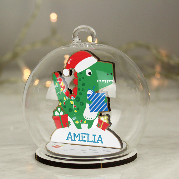 Personalised Children's Wooden Dinosaur Glass Christmas Tree Bauble 2