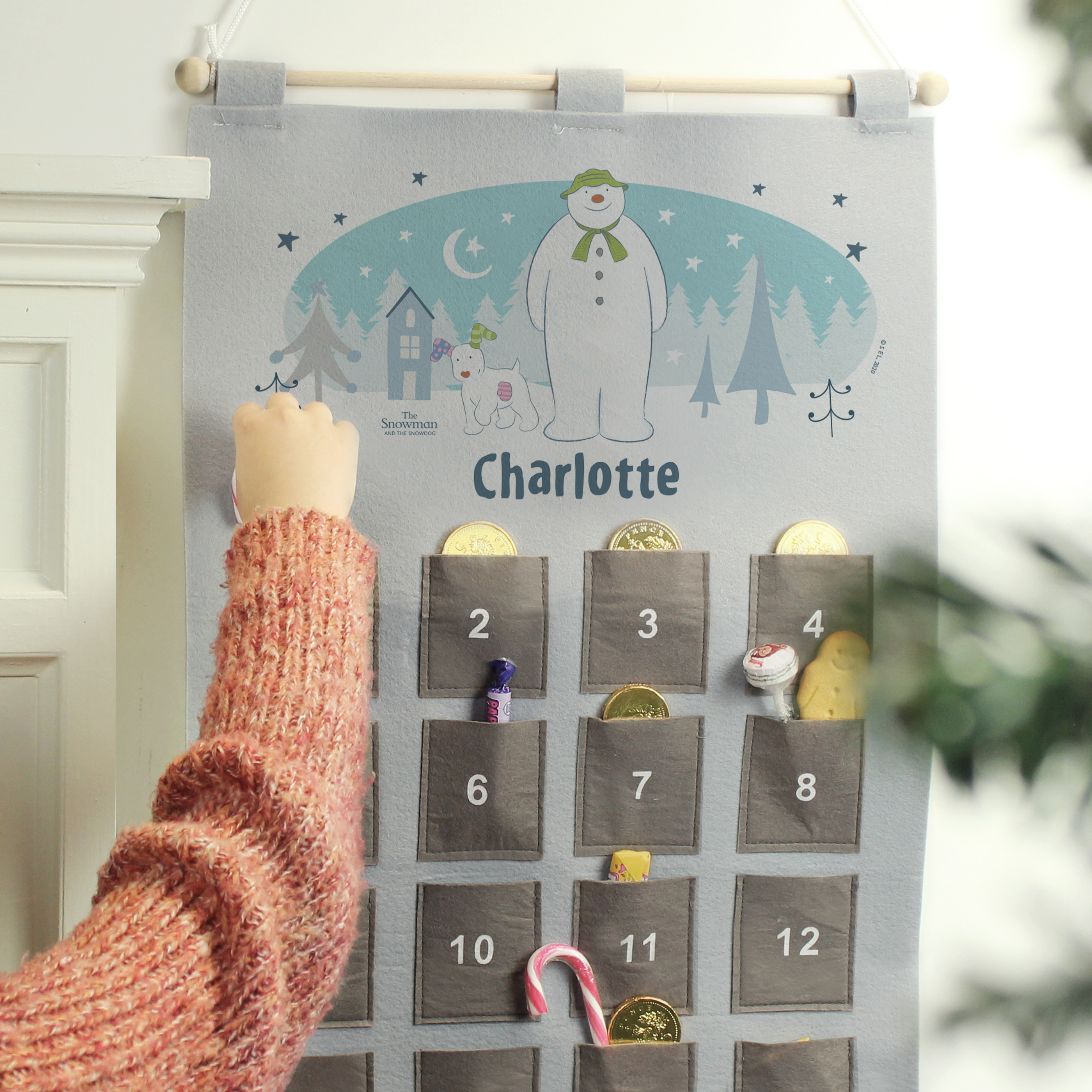 Personalised The Snowman and the Snowdog Christmas Advent Calendar In Silver Grey 2