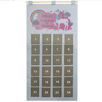 Personalised Christmas Unicorn Advent Calendar In Silver Grey Personalised Christmas Unicorn Advent Calendar In Silver Grey