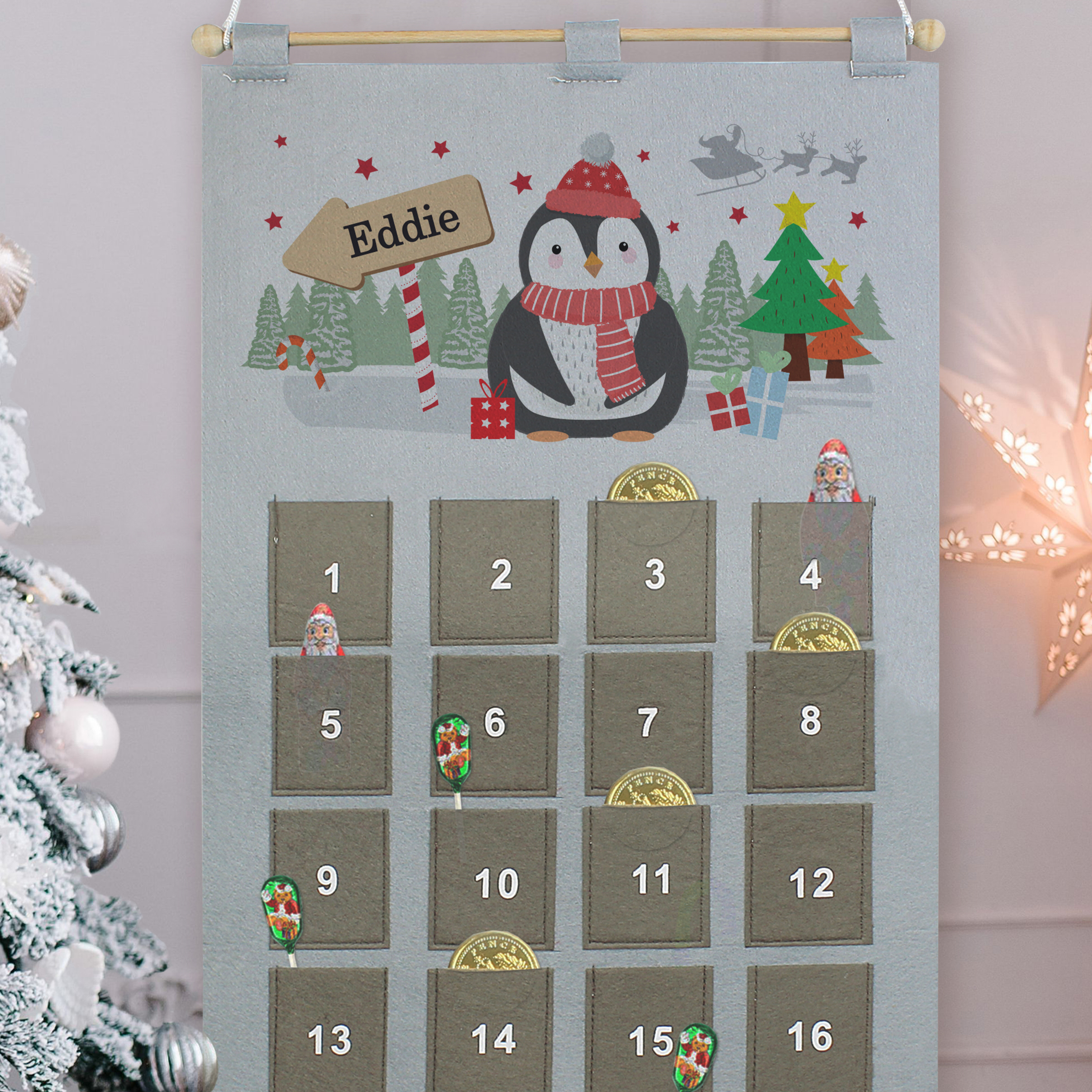 Personalised Christmas Penguin Advent Calendar In Silver Grey 2