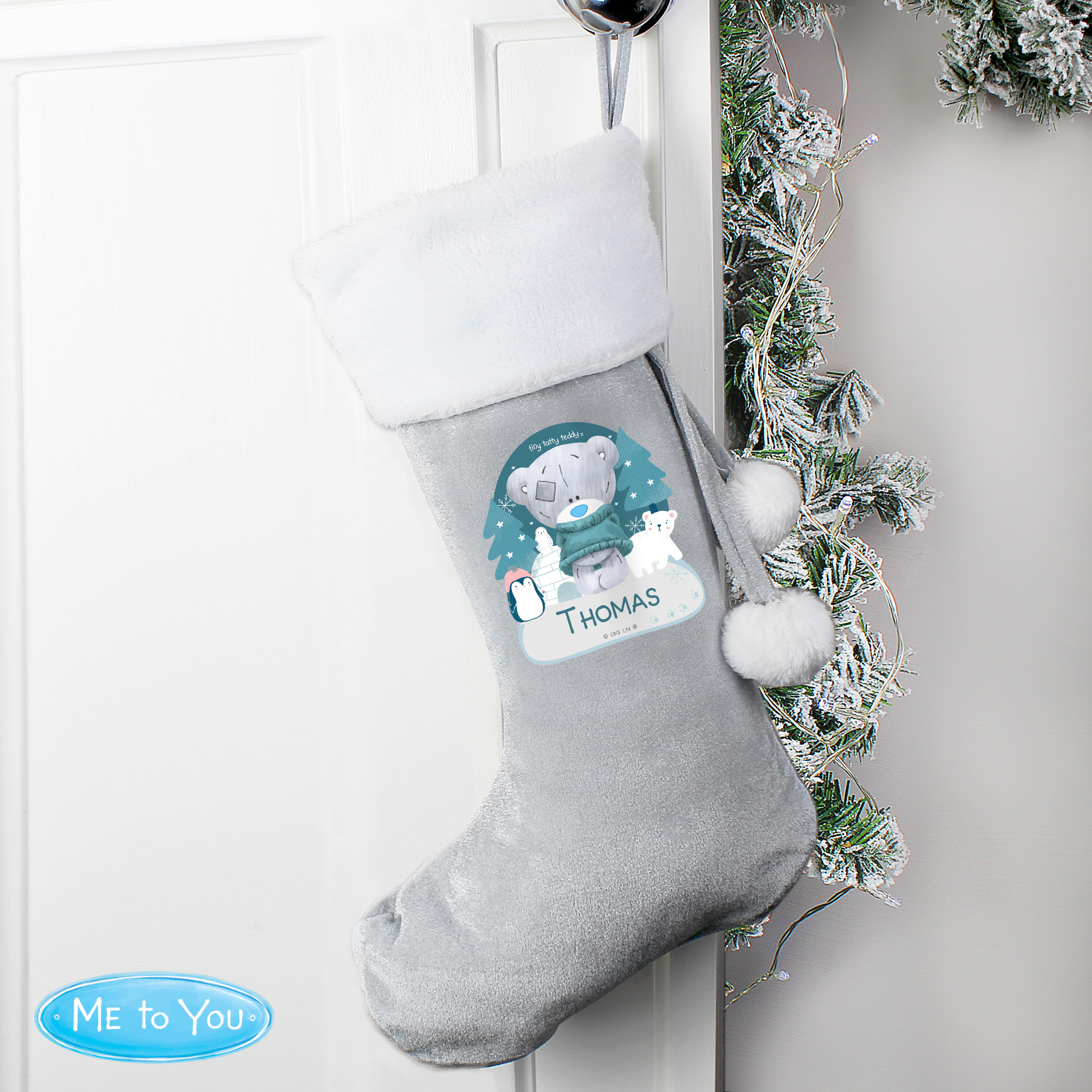 Personalised First Christmas Tiny Tatty Teddy Silver Grey Children's Stocking 3