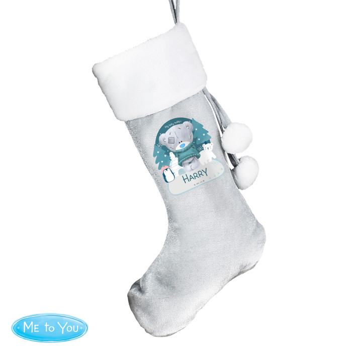 Personalised First Christmas Tiny Tatty Teddy Silver Grey Children's Stocking