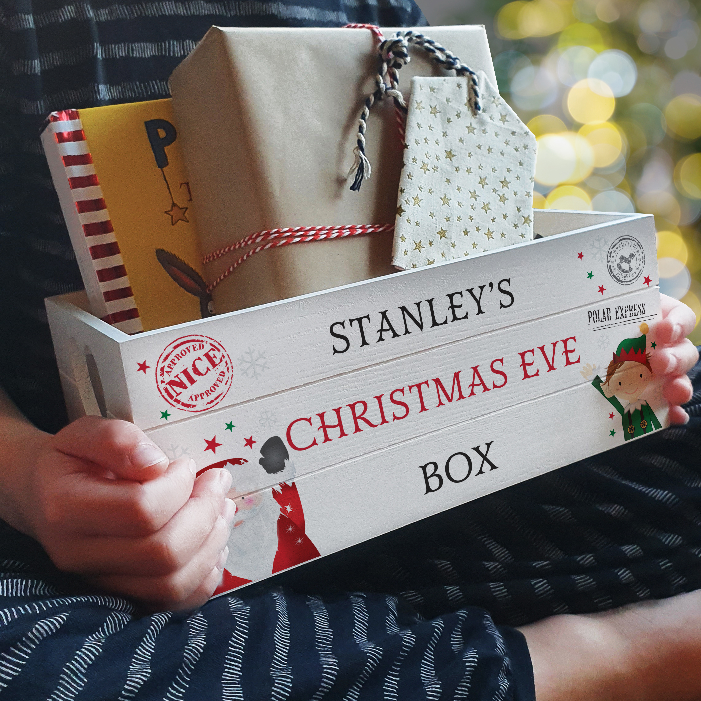 Personalised Christmas Eve Children's White Wooden Crate 4