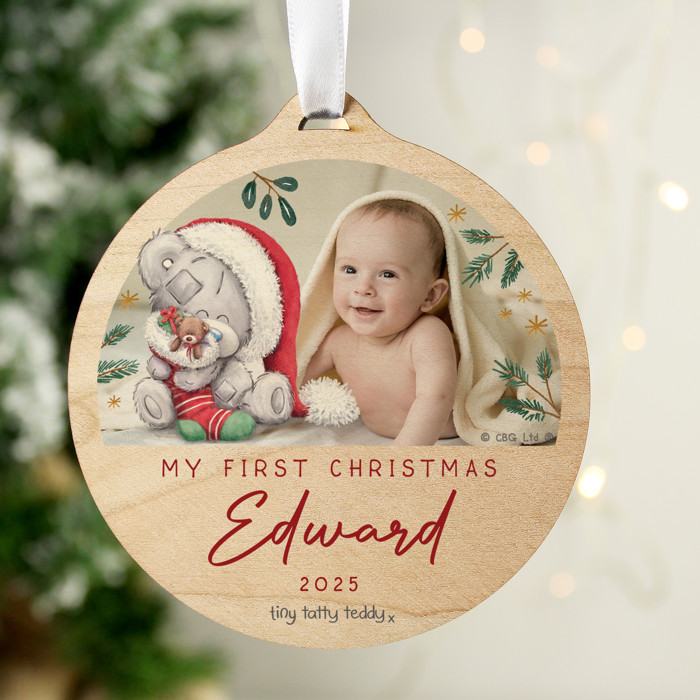 Personalised First Christmas Tiny Tatty Teddy Photo Upload Round Wooden Christmas Tree Decoration 2