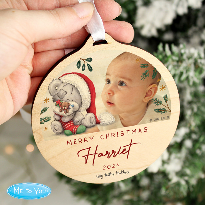 Personalised First Christmas Tiny Tatty Teddy Photo Upload Round Wooden Christmas Tree Decoration 3
