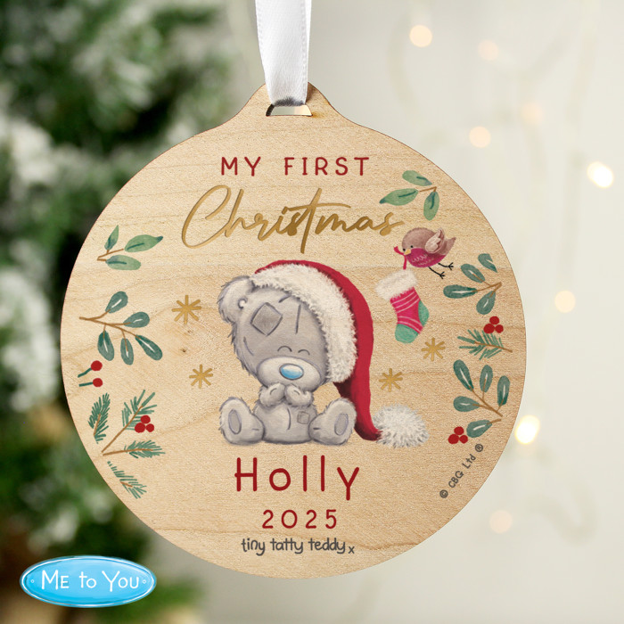 Personalised First Christmas Tiny Tatty Teddy Round Wooden Christmas Tree Decoration 2