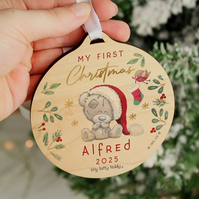 Personalised First Christmas Tiny Tatty Teddy Round Wooden Christmas Tree Decoration 3
