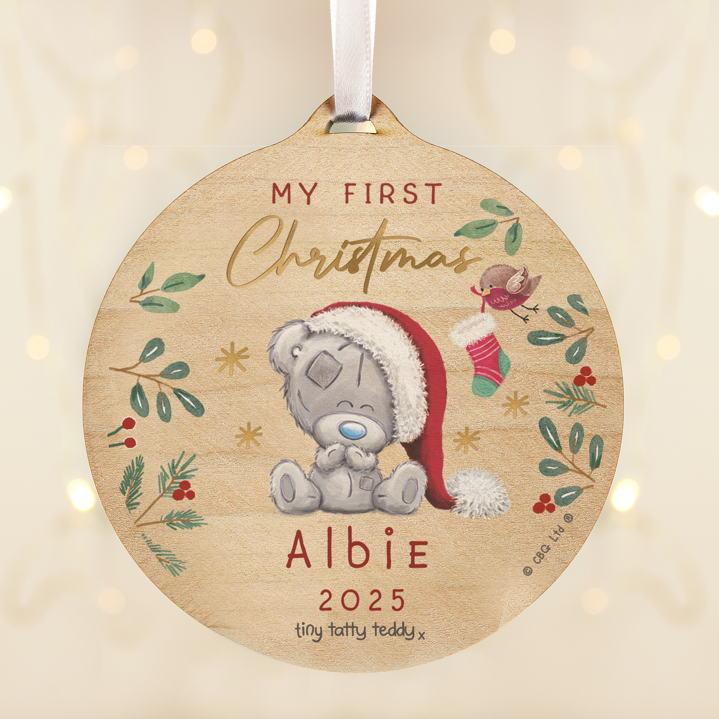 Personalised First Christmas Tiny Tatty Teddy Round Wooden Christmas Tree Decoration 4
