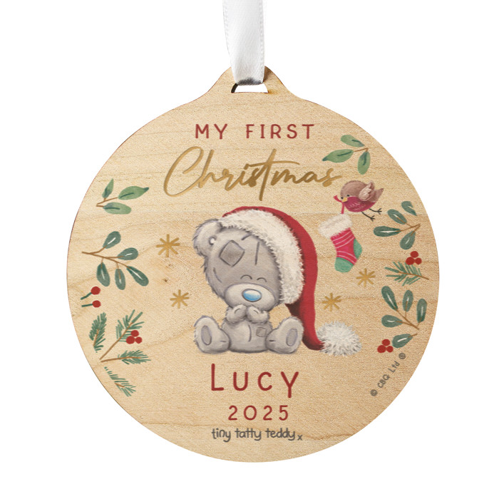 Personalised First Christmas Tiny Tatty Teddy Round Wooden Christmas Tree Decoration