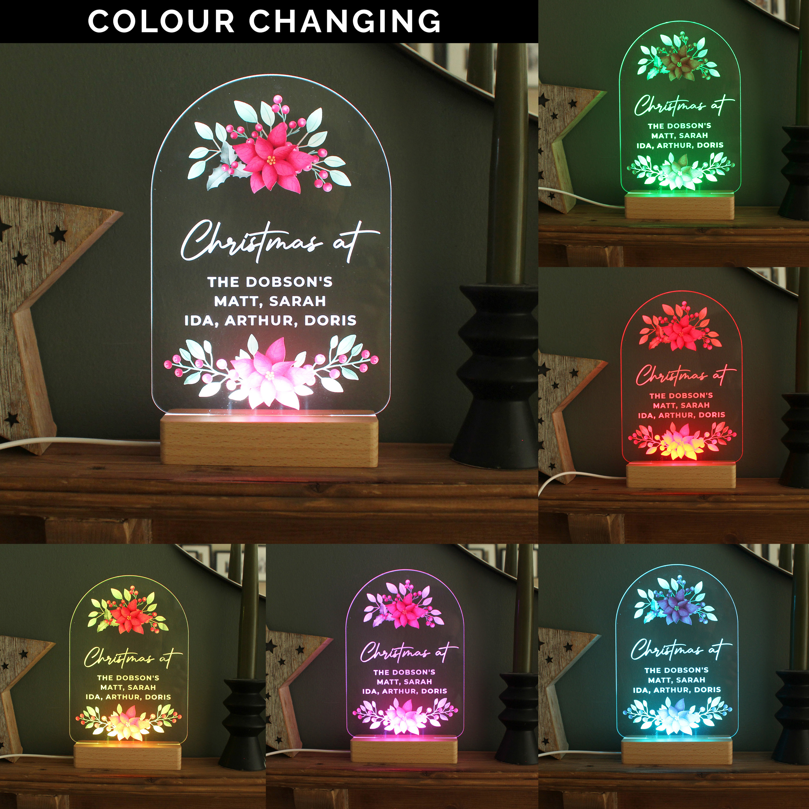 Personalised Christmas Poinsettia Wooden Based LED Light Decoration 2