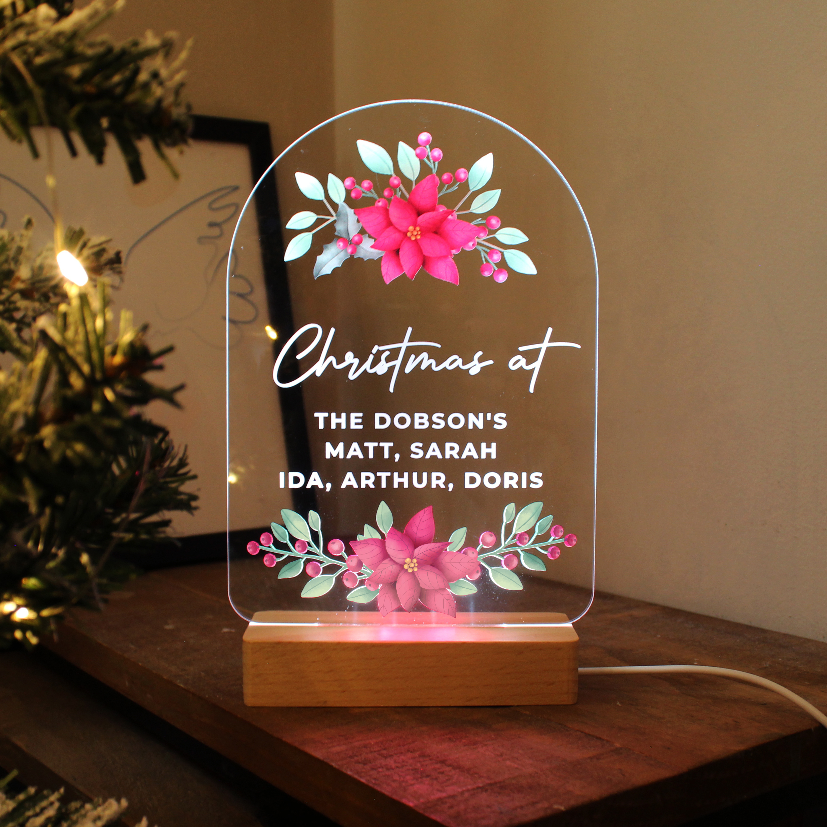 Personalised Christmas Poinsettia Wooden Based LED Light Decoration 4