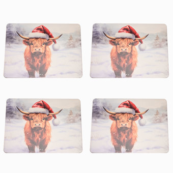 Set of 4 Christmas Highland Cow Placemats & Coasters  Set of 4 Christmas Highland Cow Placemats & Coasters