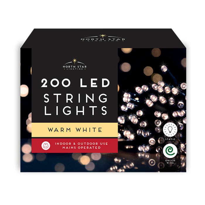 200 Warm White LED Mains Operated Christmas Tree Mains Operated Indoor & Outdoor String Lights
