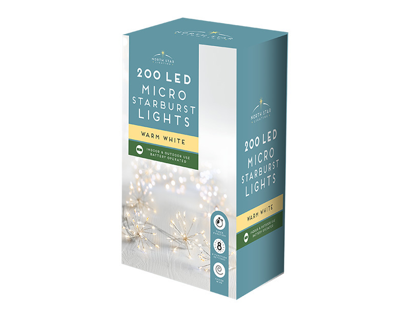 200 Warm White Battery Operated Micro Starburst Christmas Decorative Indoor & Outdoor Lights