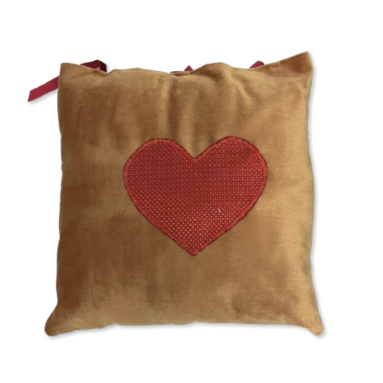 Handmade Upcycled Gold Cushion With Big Red Heart Design Pre-Loved Re-Fashioned