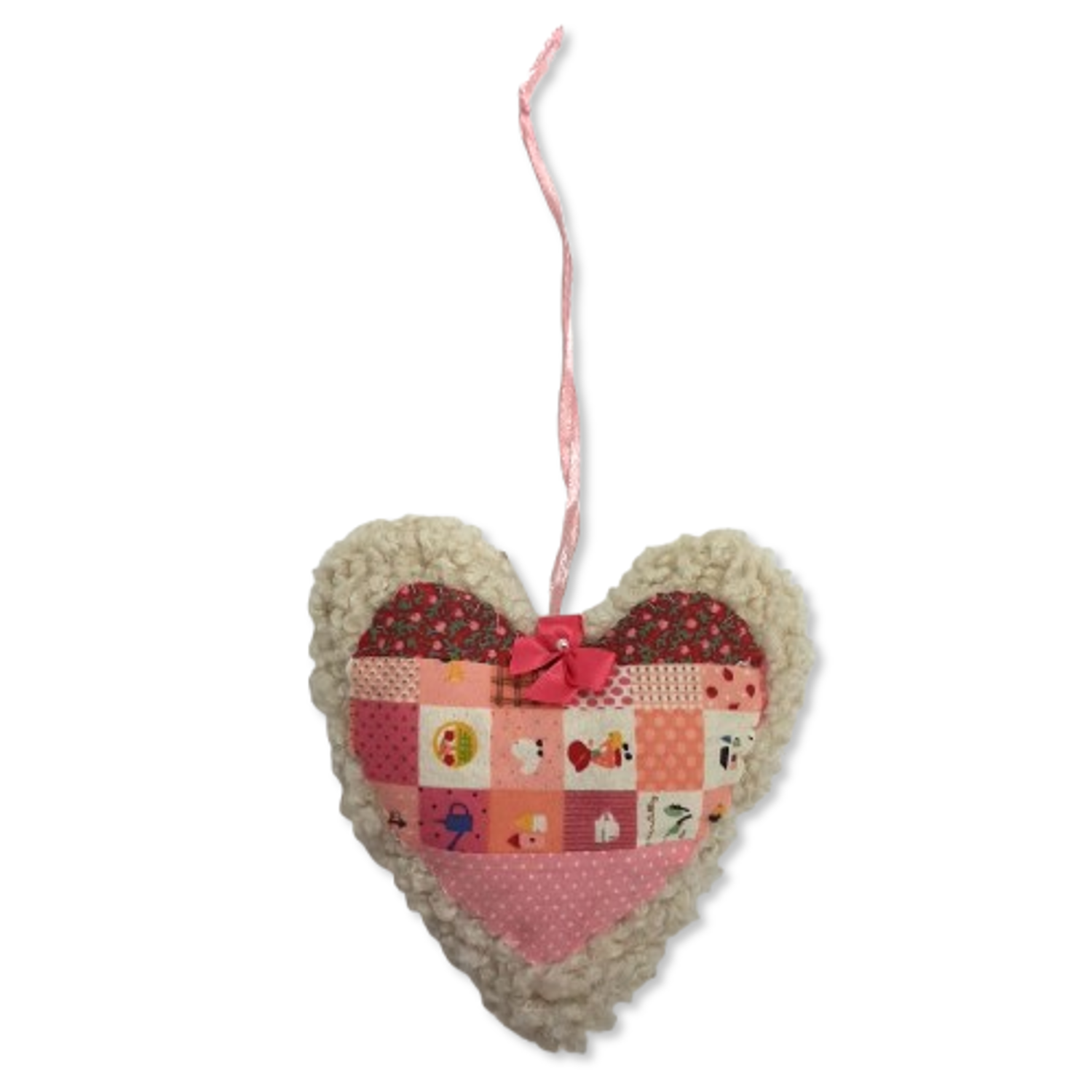 Handmade Upcycled Beige Teddy Fabric Heart With Patchwork Heart Re-Fashioned
