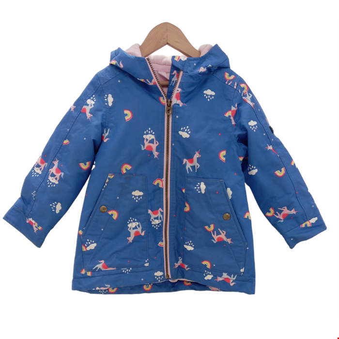 JOULES Girls Age 4 Years Blue Fleece Lined Unicorn Coat