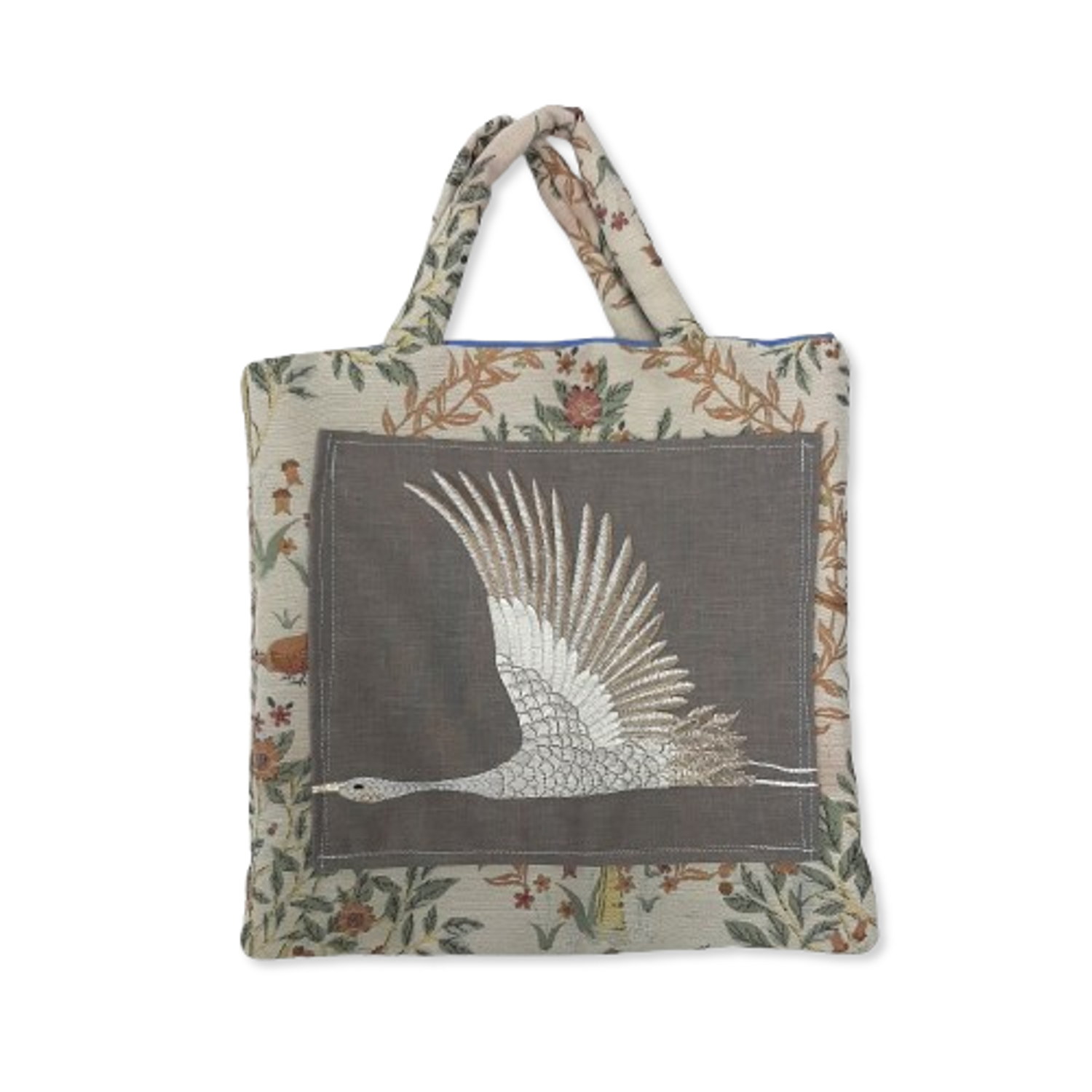 Handmade Upcycled Beige Floral Shopper Bag With Grey Crane Pocket Re-Fashioned