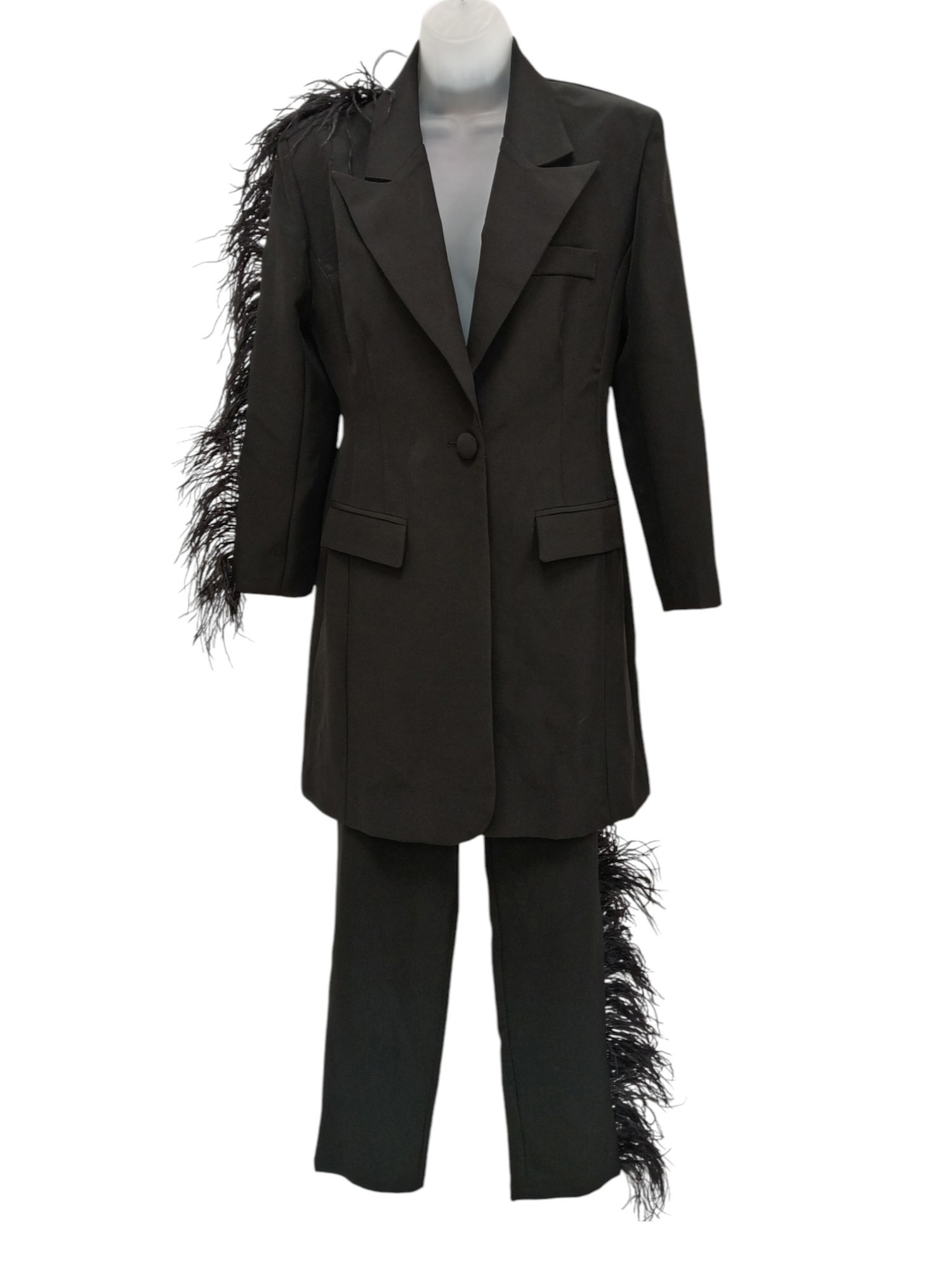 CLUB L Ladies UK 10 Black Piece Tuxedo Suit Feather Adorned Pre