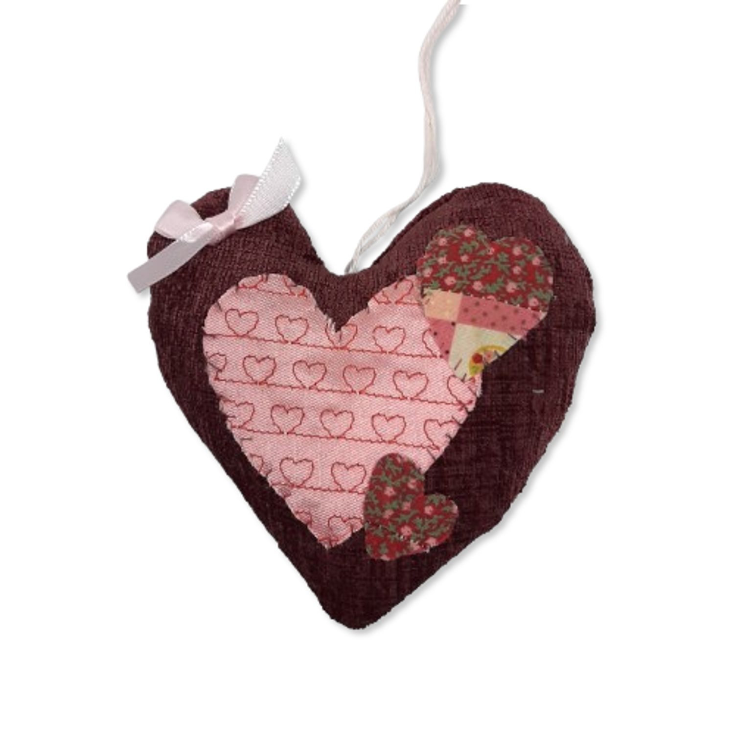 Handmade Upcycled Burgundy Fabric Heart With Patchwork Heart Design Re-Fashioned