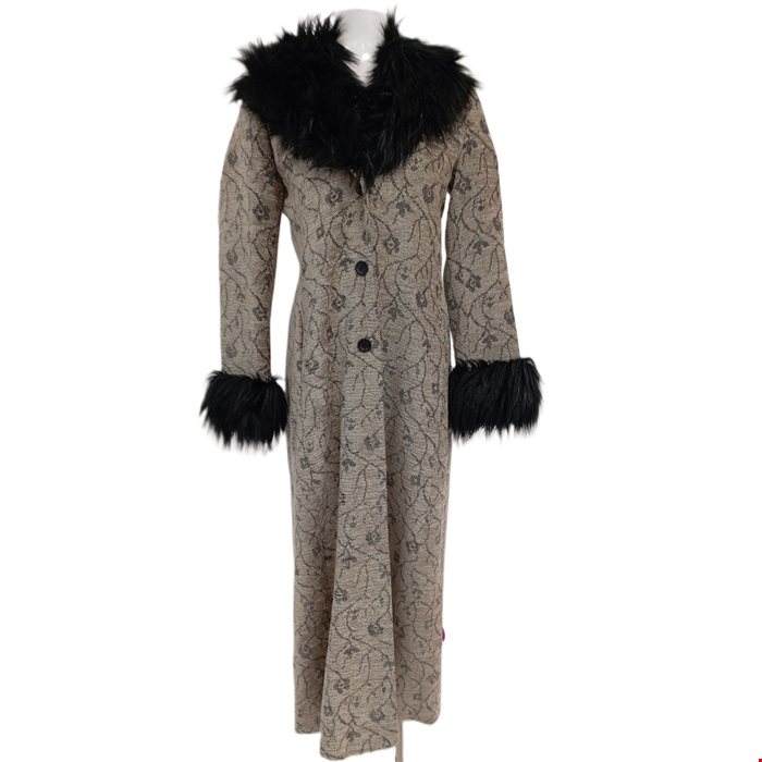 RIVER ISLAND Ladies 12 Faux Fur Trim Coat Taupe Floral Button Up Coat Pre Loved Barnardo s Online Charity Shop