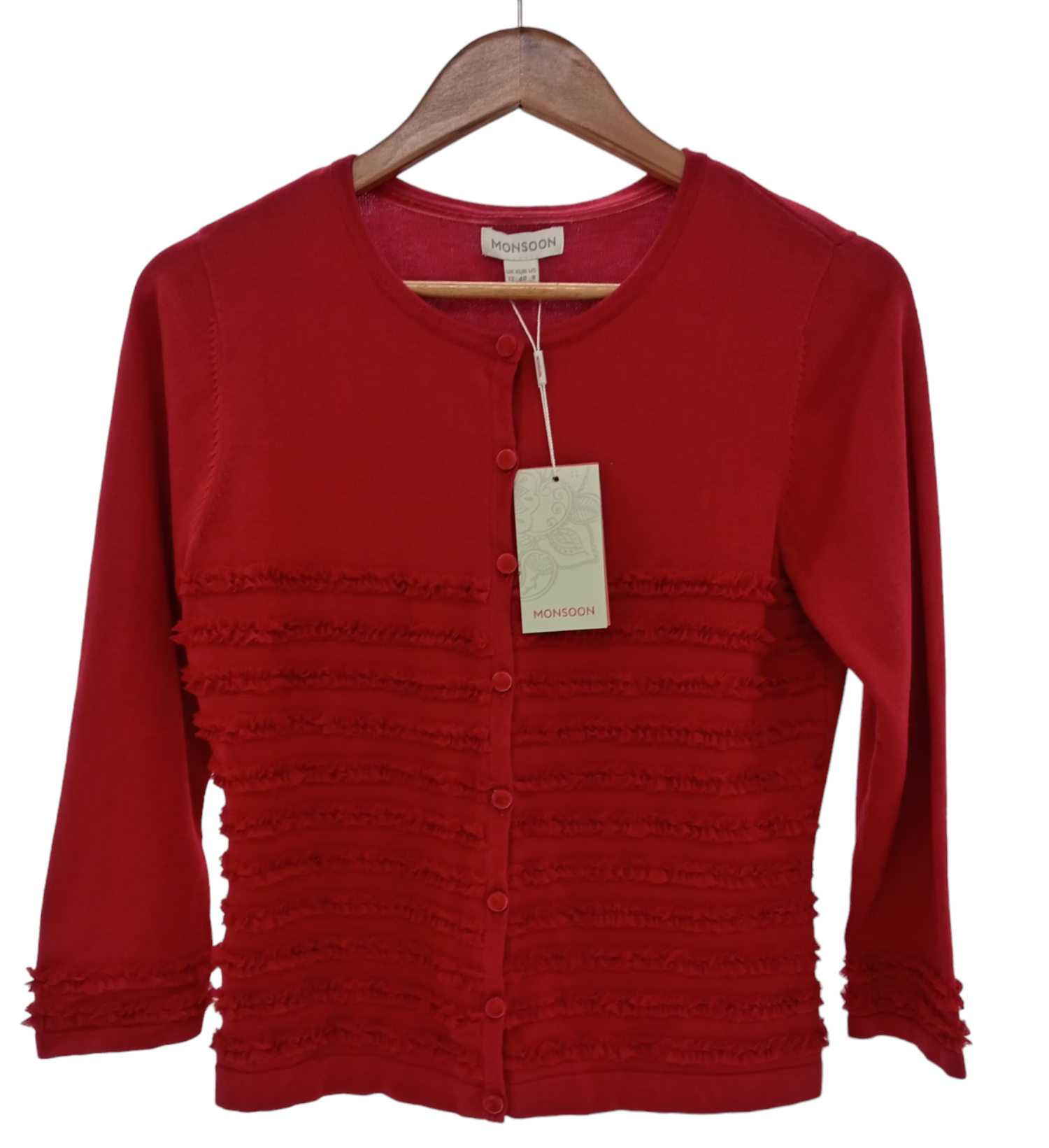 MONSOON Ladies UK Size 12 Red 3/4 Sleeved Textured Cardigan