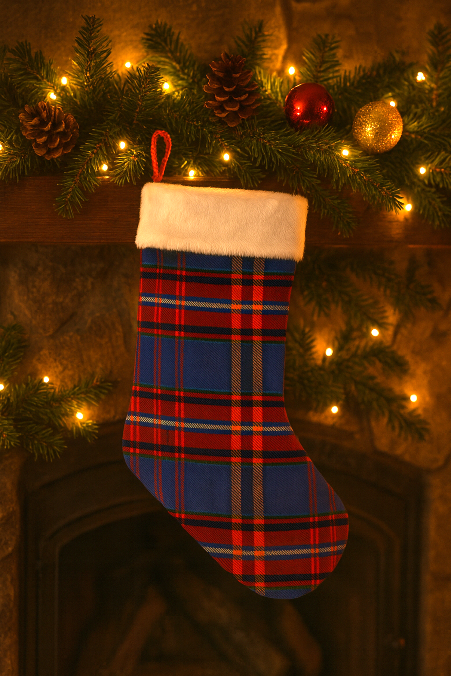 Handmade Upcycled Blue and Red Tartan Christmas Stocking Pre-Loved Re-Fashioned