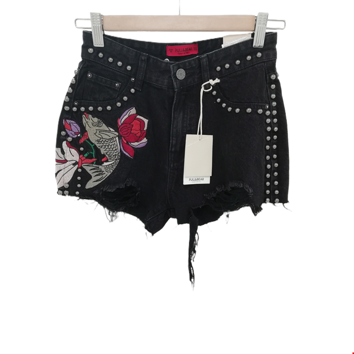 PULL BEAR Ladies UK 6 Black Embroidered Ripped Denim Low Waisted Shorts Barnardo s Online Charity Shop
